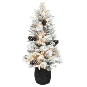 Flocked Pine Tree w/ Rattan Look Base - Pre-Lit